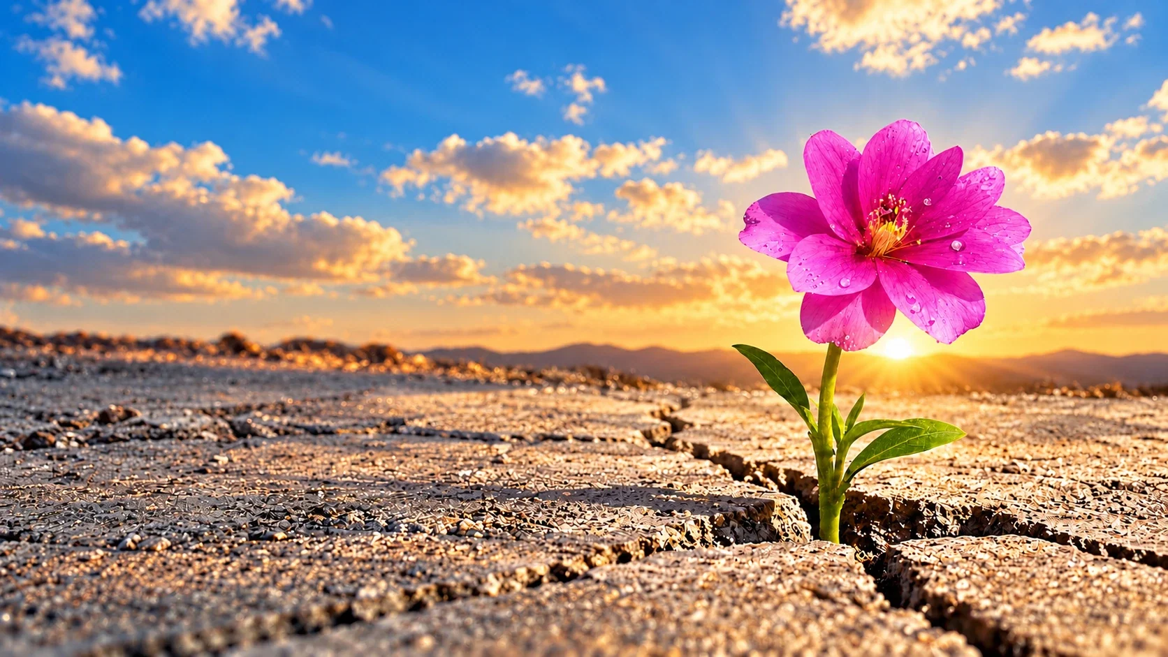 Flor rosa creciendo entre la tierra quebrada hacia la luz del sol